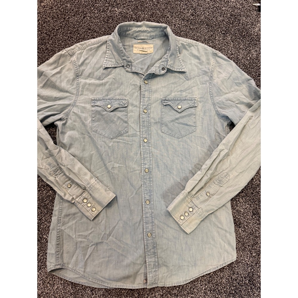 Denim & Supply Ralph Lauren Mens Light Wash Chambray Western Snap Shirt L